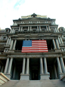 A patriotic view of the Eisenhower Executive Office Building’s façade, complete with 8-foot wide marble columns.  Photo Credit: GSA.gov